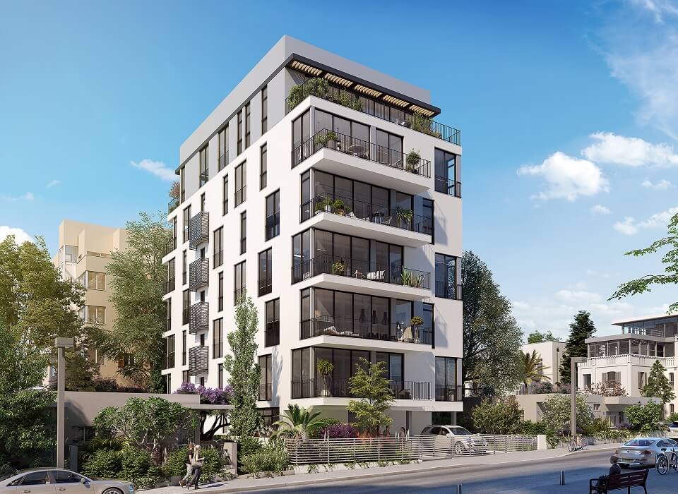 בניין מעוצב עם מרפסות וצמחייה, רחוב מקושט בעצים